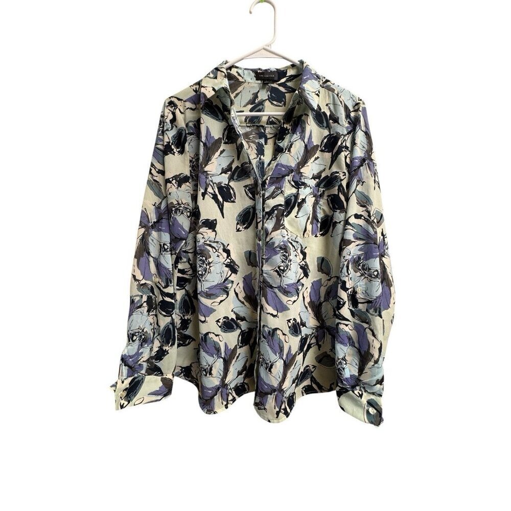 The Limited Floral Button Front Blouse Women Large Blue Stretch Work Top